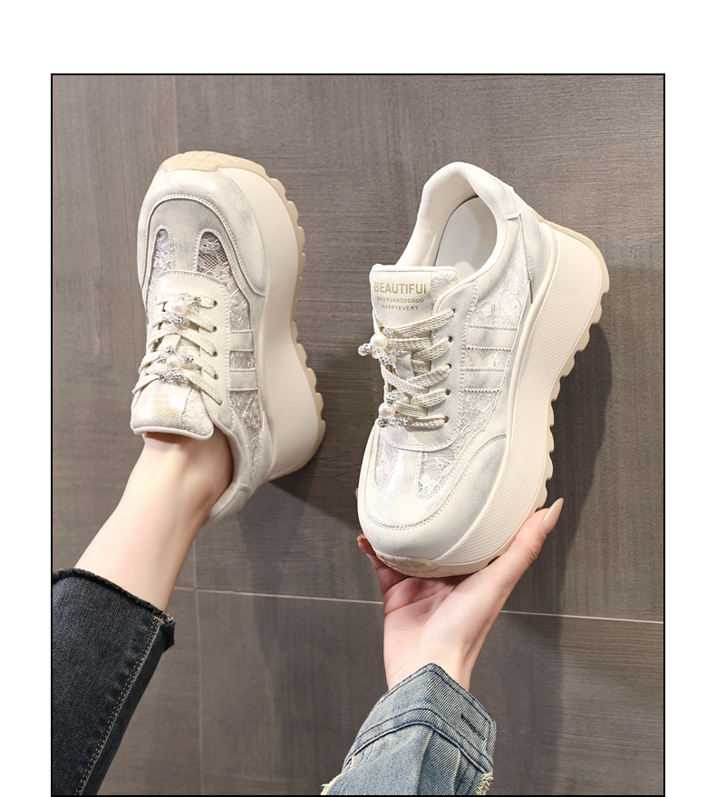 Giày sneaker nữ chunky đế dày lưới thoáng khí tăng chiều cao phong cách cổ điển — màu be chi tiết 14