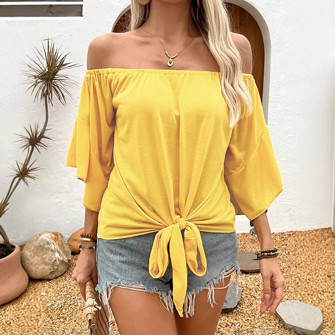 2026跨境亚马逊独立站欧美夏季秋季女装纯色一字肩休闲T恤上衣