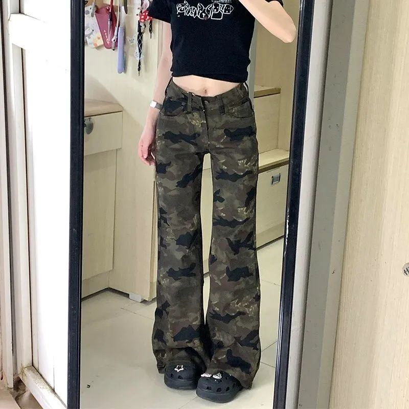American Retro Camouflage Workwear Flared Jeans for Women, Autumn Low-Rise, Non-Stretch, Bootcut, Floor-Length Pants