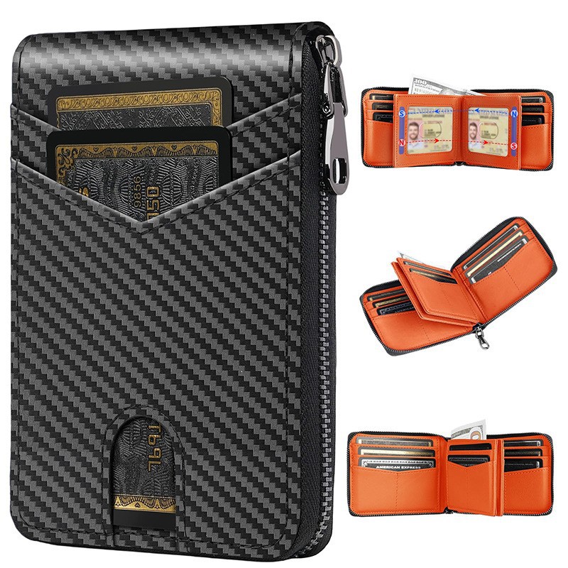 Amazon cartera de tarjetas de fibra de carbono multi-tarjeta de cuero cartera de cremallera RFID anti-robo cartera de negocios para hombres