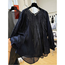 高级感棉麻镂空蕾丝微透长袖衬衫女夏季气质小衫薄款娃娃衫上衣新