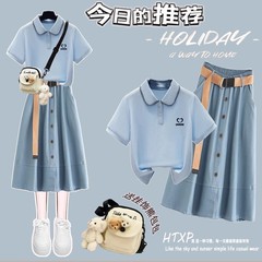 韓国系少女半身スカート2025新型中学生減齢Polo襟半袖スーツスカート学院風高校