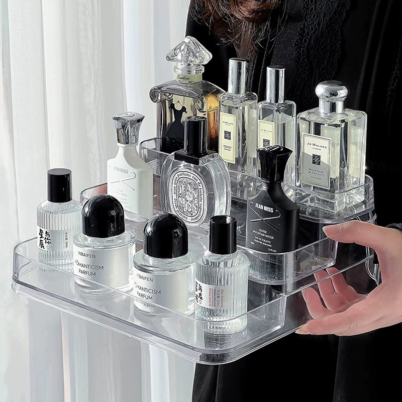 Акриловая косметическая organizer, прозрачная PET 3-уровневая стойка для стола, 26.5×24.5×10 см