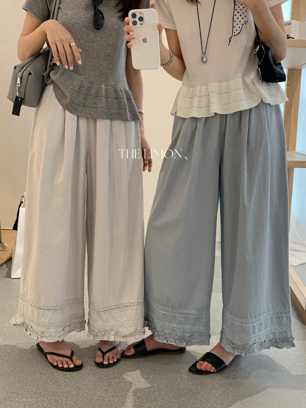 Quần culottes nữ ống rộng cạp cao chun, thiết kế viền ren bèo nhún, dáng suông 9 phân, phù hợp mùa xuân hè — màu đen, Xanh đen, Xanh da trờicolor, màu trắng chi tiết 9