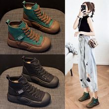 真皮网红高帮鞋子女秋季2025新款爆款百搭厚底松糕增高运动休闲鞋