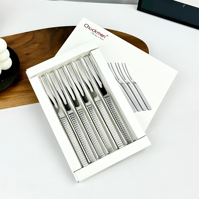 Chockmen Zhuo Deming 18 / 10 horquilla de fruta de acero inoxidable 6 piezas horquilla de pastel caja de regalo horquilla de postre creativa