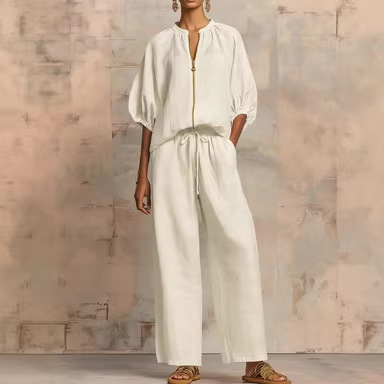 2026 Summer New European and American Cross-Border Women's Fashion Casual Loose Solid Color Zipper Round Neck Wide-Leg Pants Set for Women 2026 Summer New European and American Cross-Border Women's Fashion Casual Loose Solid Color Zipper Round Neck Wide-Leg Pants Set for Women
