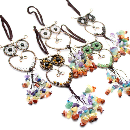Foreign Trade Jewelry Wholesale Natural Colorful Crystal Bronze Owl Car Hanging Aventurine Crystal Keychain