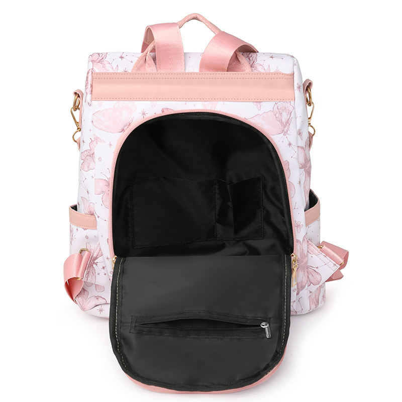 2024 nuevo estilo mariposa estampado antirrobo señoras mochila moda contraste color al aire libre viaje mochila de tres usos al por mayor marea