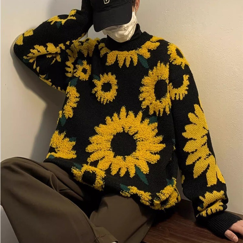 Japanese Retro Sunflower Flocking Sweater Lazy High-end Style Men's and Women's Fashion Brand Knitwear Autumn and Winter Couple Suit