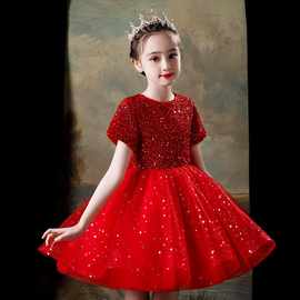 儿童礼服裙红色女童生日公主裙小主持人钢琴演出服花童走秀晚礼服