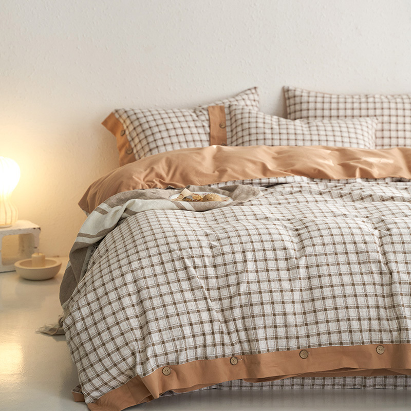 Botón cepillado ecológico impreso, un juego de algodón de cuatro piezas, otoño e invierno, cálido, sueño desnudo, kit de algodón grueso retro