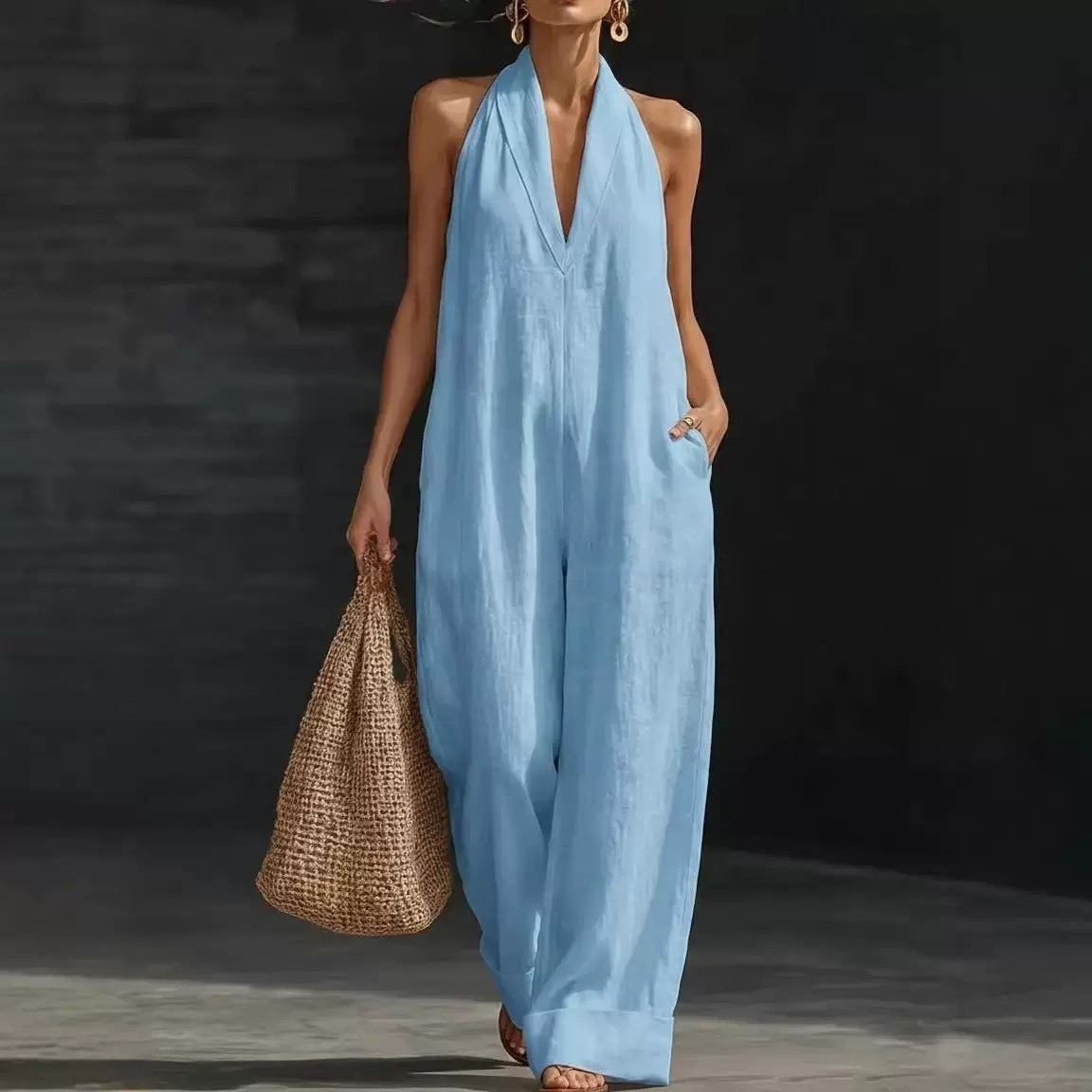 Summer Casual Solid Color Women's Jumpsuit Sleeveless V Neck_ecoleips.com
