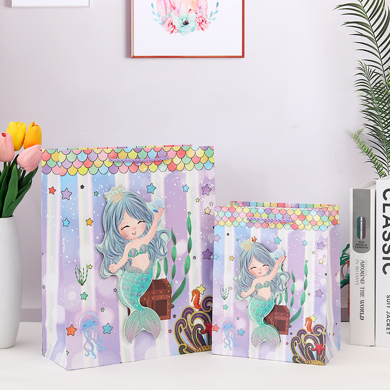 Mermaid de dibujos animados bolsa de regalo creativa comercio exterior punto transfronterizo bolsa de papel tridimensional bolso de mano para niños al por mayor