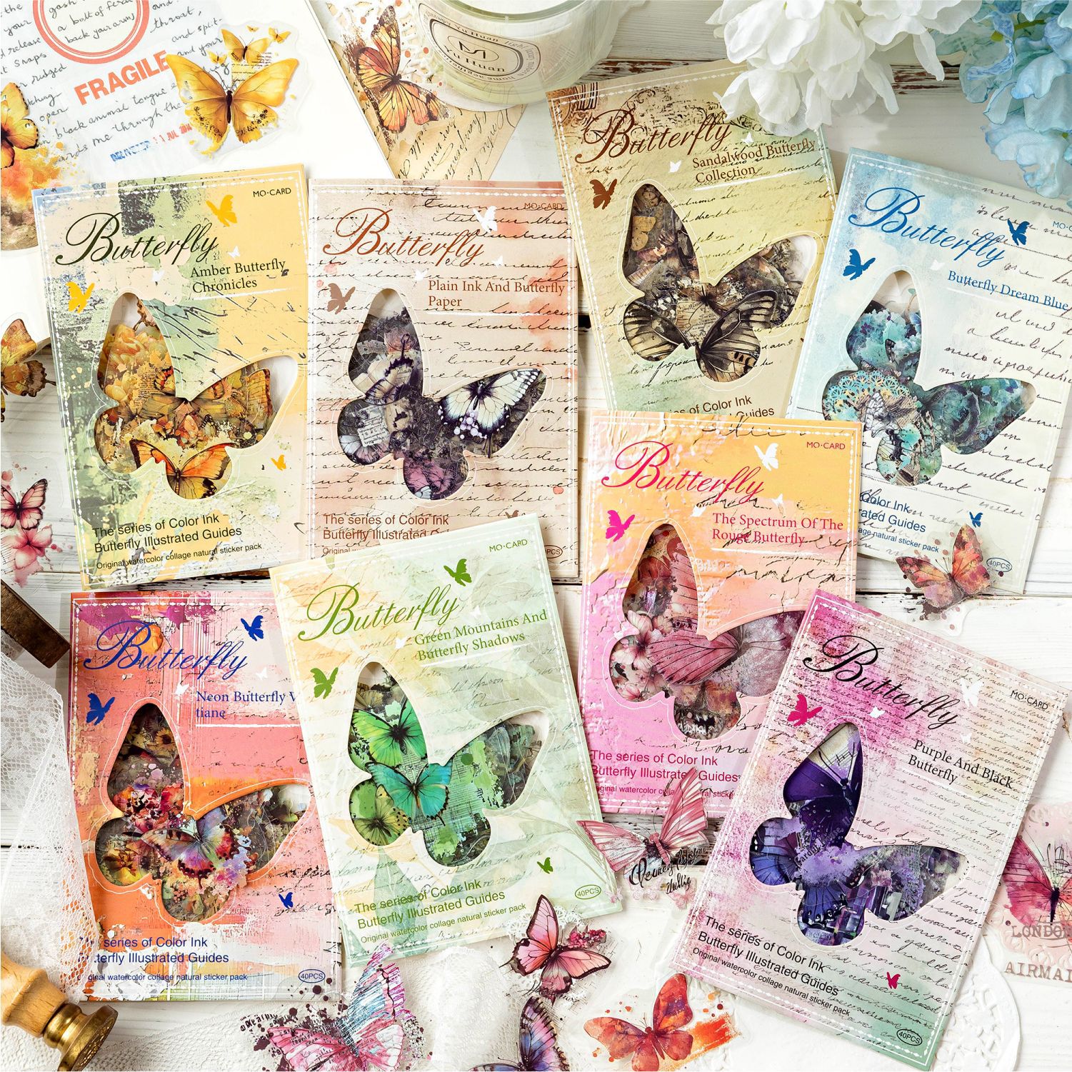 Paquete de pegatinas de tinta blanca Mo Mo PET, serie de libros ilustrados de mariposas de tinta de color, pegatinas de tarjetas de bricolaje de estilo ins retro