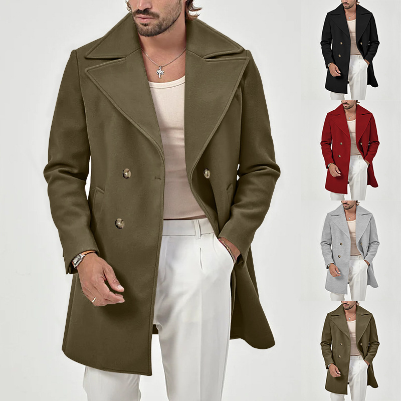 Men's suit collar medium length men's casual solid color versatile windbreaker coat_voghion.com