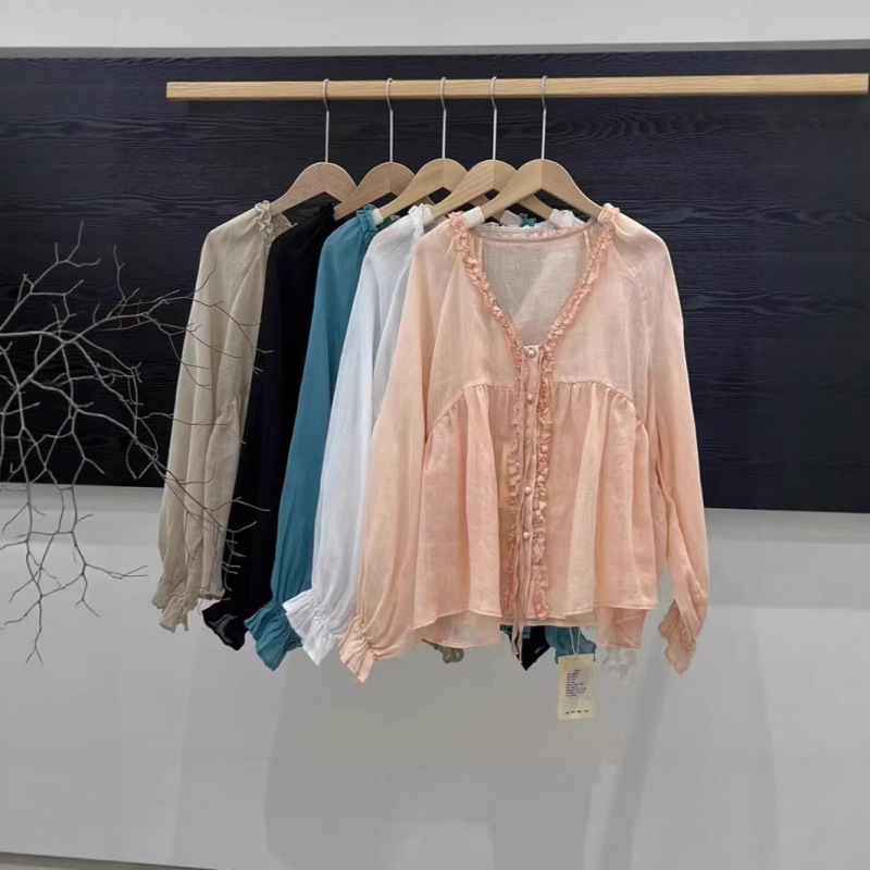 Ramie Shirt with Unique Design, Ruffled Edges, Covered Buttons, Casual Versatile Cardigan with Tie, Plus-Size Slimming Top