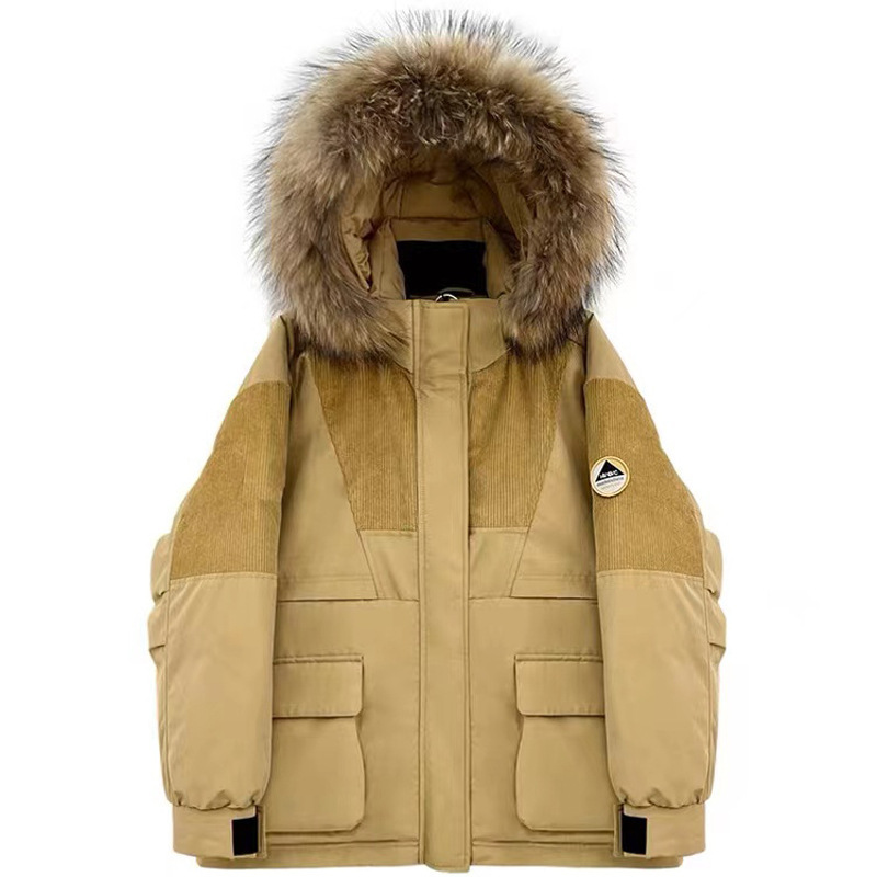 Workwear couple down jacket Women's Mid-length new thickened white duck down high-end large fur collar winter parka hooded jacket flat