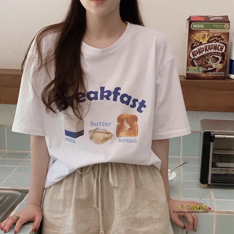 Pure Cotton Saturday breakfast is cream toast ins round neck letter printed short sleeve TEE summer loose T-shirt