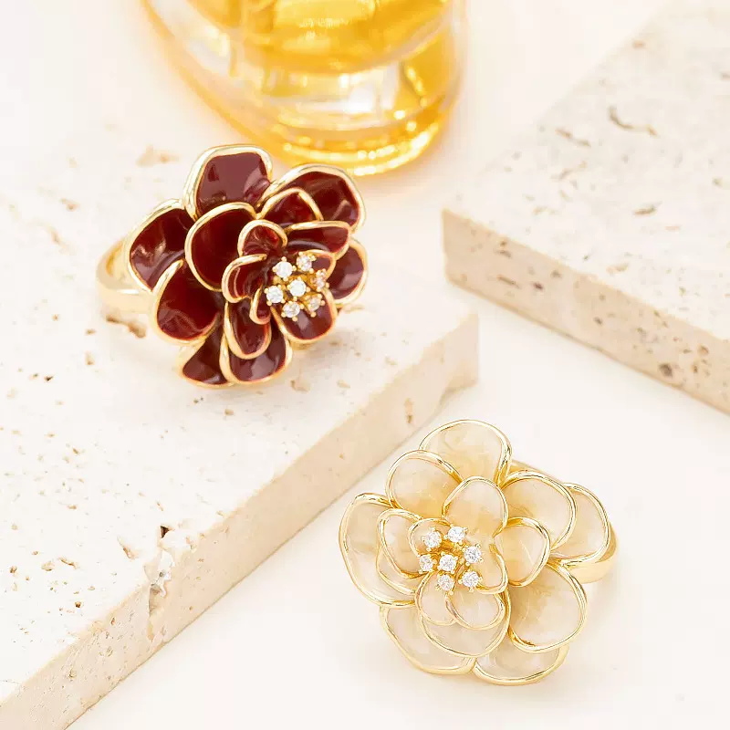 法式优雅气质小香风镶钻珐琅滴釉立体花朵可调节开口戒指闺蜜手饰