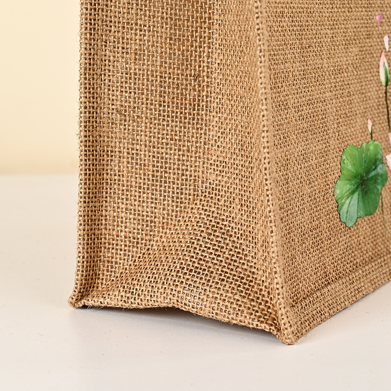 Bolsas de lino en stock, bolsas de compras de yute con botón, bolsas de lino con bordado de loto recubierto, personalizables.