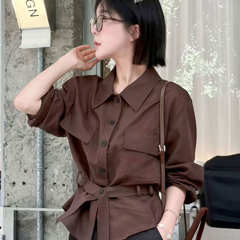 高端欧货翻领长袖衬衫女2025秋季时尚百搭宽松纯色腰带打底衫上衣|undefined