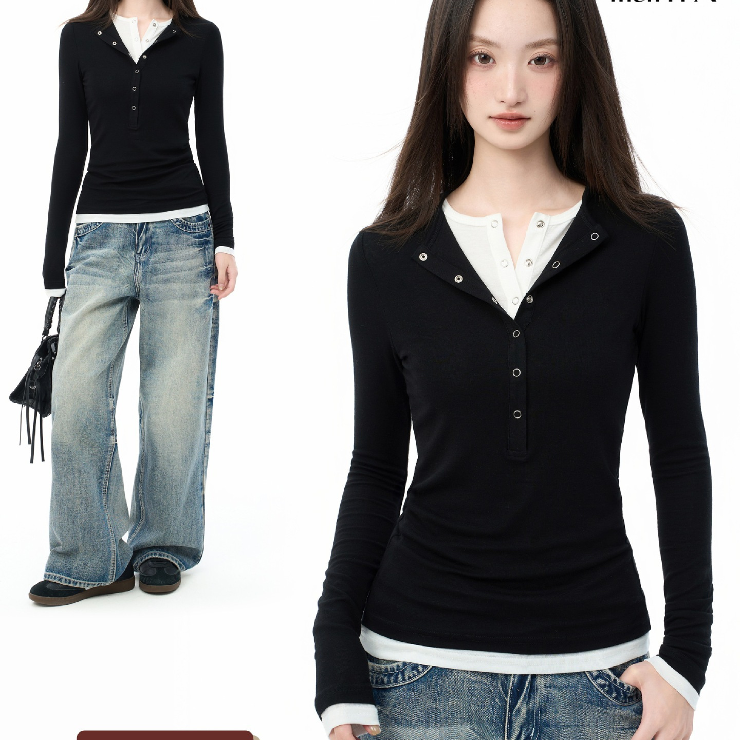 Iiiamx Black V-Neck Fake Two-Piece Long-Sleeved T-Shirt for Women Autumn 2025 New Slim Fit Inner Bottoming Shirt Top