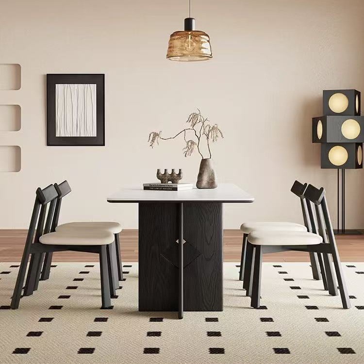 Mesa de comedor y silla de losa de roca de madera maciza retro francesa nueva mesa de comedor de losa de roca doméstica de apartamento pequeño moderno y simple
