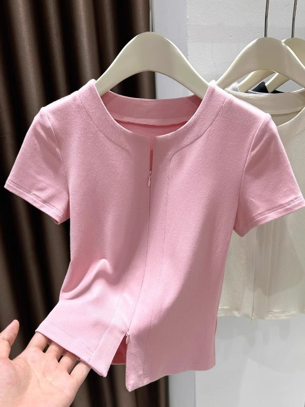 ピンク甘いドーパミンアイスシルクニット半袖 Tシャツ女性の夏 2025 新しいジッパースリットボトリングシャツトップ|undefined