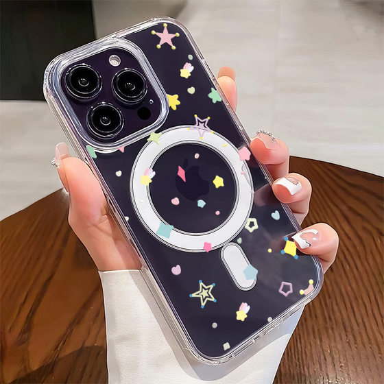 Color star magnetic shell for Apple 16promax acrylic large hole mobile phone case iPhone15 transparent 14
