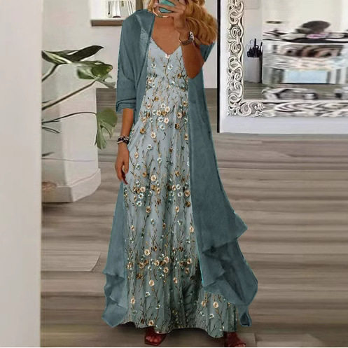 2025 Foreign Trade Women's Two-Piece Commuter Style Elegant Goddess Lazy Digital Printing Sling Chiffon dress