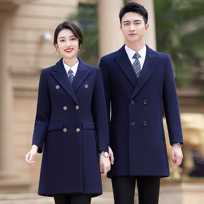 Профессиональное шерстяное пальто Рабочая одежда Мужская и женская черная стойка регистрации средней длины, инструменты, Женское зимнее утолщенное шерстяное пальто