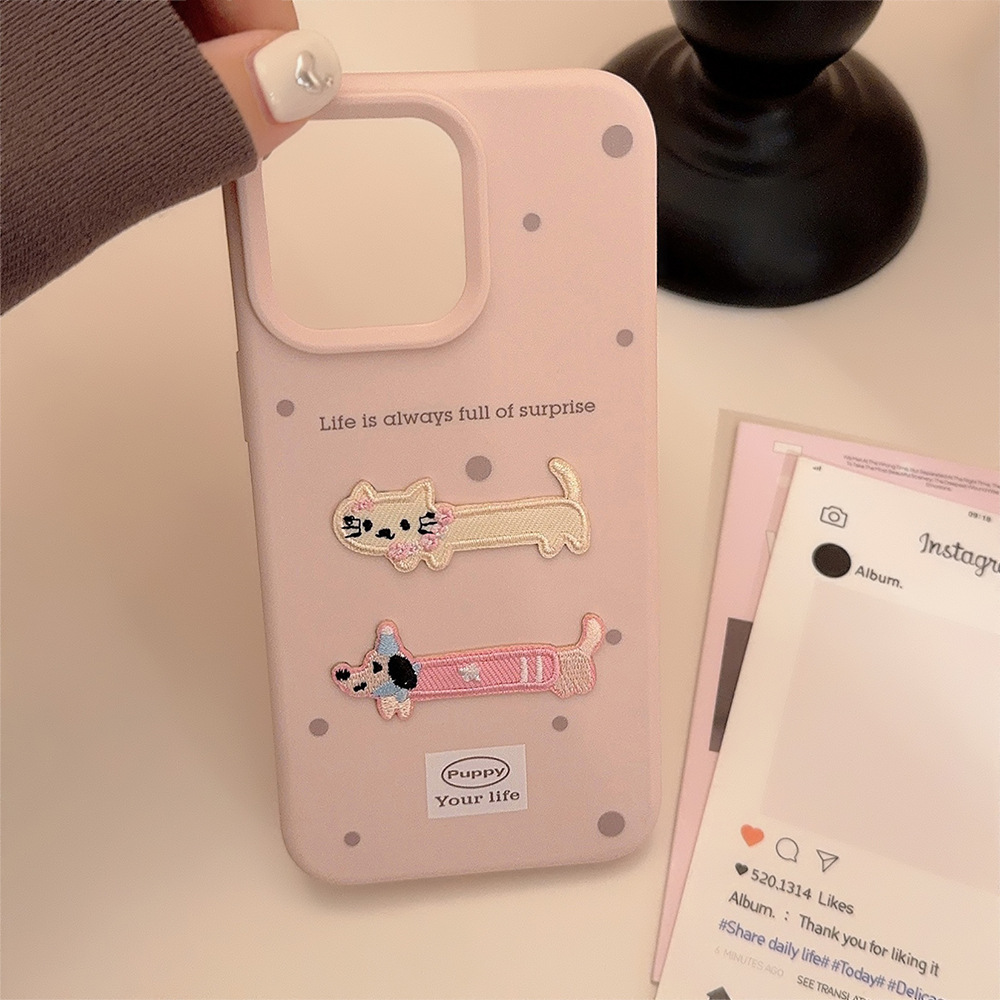 Bordado de lunares de color sólido estilo ins gato y cachorro para iPhone 16ProMax funda para teléfono móvil 14 Apple 15P hembra