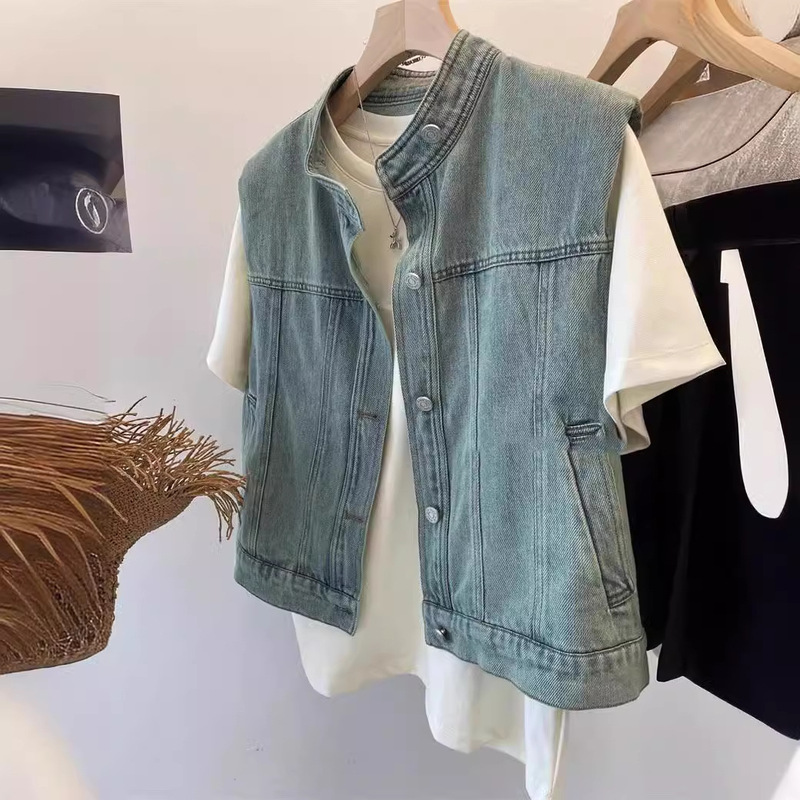 Literary youth! Locomotive Tune Small Set Collar Two-color Denim Vest Jacket Women's Wear Vest 2024 Spring and Summer Literary youth! Locomotive Tune Small Set Collar Two-color Denim Vest Jacket Women's Wear Vest 2024 Spring and Summer