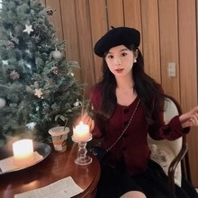 레드 내부 백업 보우 스웨터 게으른 하이 엔드 니트 카디건 최고 여성의 가을과 겨울