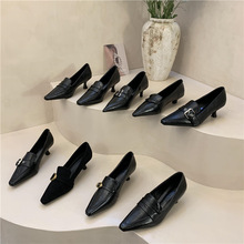 2024春季新款复古高跟鞋女鞋欧美低跟尖头细跟乐福鞋百搭深口单鞋