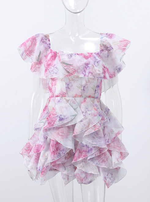 러플 피시본 원숄더 프린트 드레스-핑크