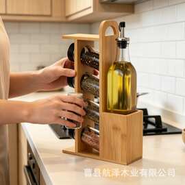跨境木质厨房调料瓶置物架桌面可旋转多孔实木香料整理架油壶架