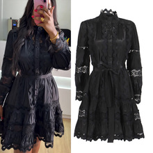 法式优雅宫廷风2025秋冬新款立领花边刺绣绑带荷叶边灯笼袖连衣裙