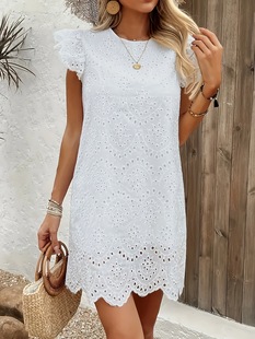 Women's Summer Clothes | White Polyester-Spandex Blend | Translucent Lotus Leaf Sleeves and Round Neck | Under the Fan-Shaped