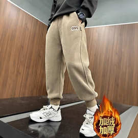 男童加绒裤子一体绒秋冬款2024新款儿童加厚冬季灯芯绒休闲卫裤潮