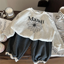 韩版童装2024新款秋季女童雏菊圆领卫衣儿童洋气灰色垮裤两件套潮