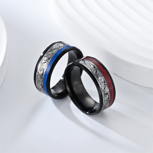 New Daihao stainless steel men's and women's jewelry 8mm wide titanium steel curved electric black inlaid guitar string ring