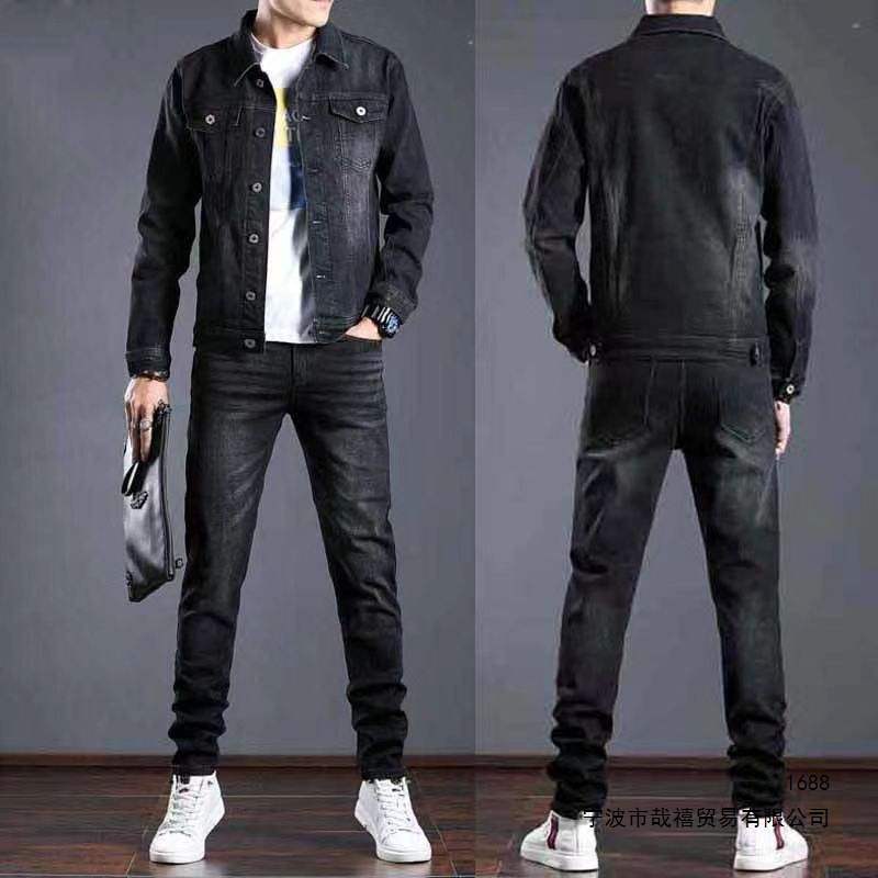 Men's denim suit, Korean-style trendy jacket, classic outerwear, European and American style denim clothing, high-quality two-piece set