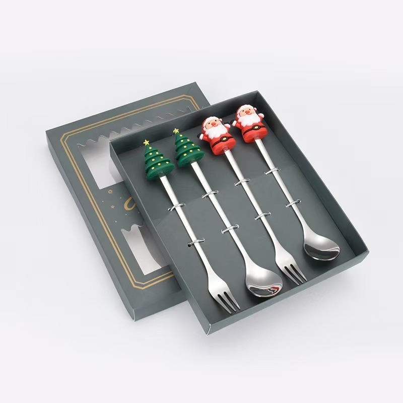 Cucharas de acero inoxidable transfronterizas muñecas de Papá Noel cubiertos cajas de regalo caseras de café mezclador cucharas de postre horquilla de frutas