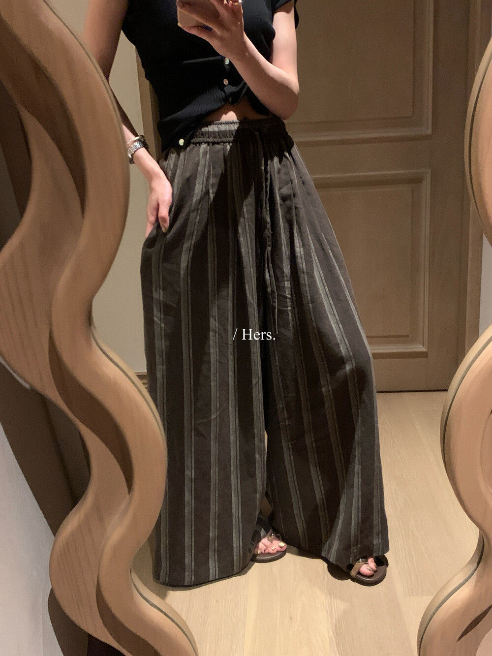 Quần culottes nữ ống rộng cạp cao chun rút dây sọc kẻ chất liệu ramie mùa hè — Màu cà phê, màu mơ chi tiết 29