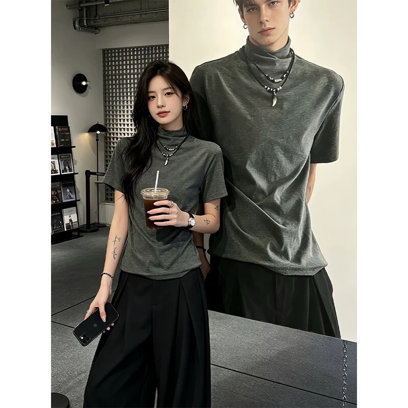 Dark Gray Cleanfit Half-Turtleneck Slim-Fit Short-Sleeve Men's Summer Thin Short Wide-Cut Regular Shoulder Pleated Waist-Cinching T-Shirt