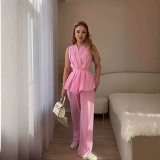 2026欧美亚马逊女装新款交叉V领无袖系带收腰上衣高腰阔腿裤套装