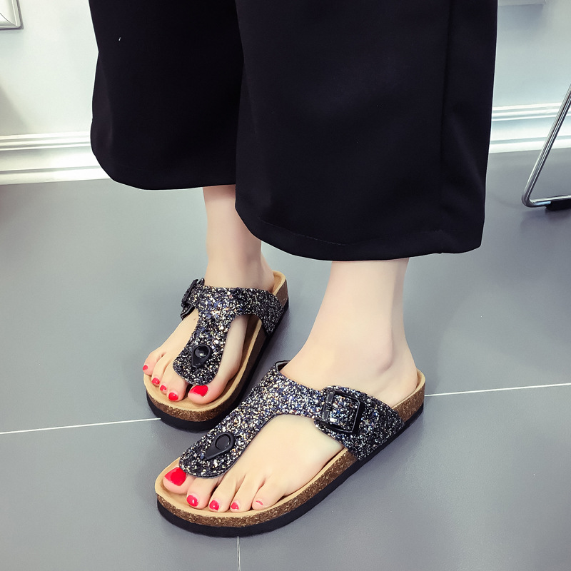 New large-sized women's sandals for foreign trade, colorful ice crystal water diamond cork slippers, Korean-style fashionable herd-shaped slippers for women undefined
