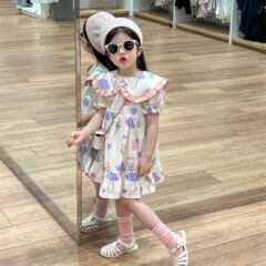 2024 Summer Kids' Dress for Girls: Full-Print Cartoon Graffiti Design with Ruffled Trim, Short Sleeves – Perfect Princess Style